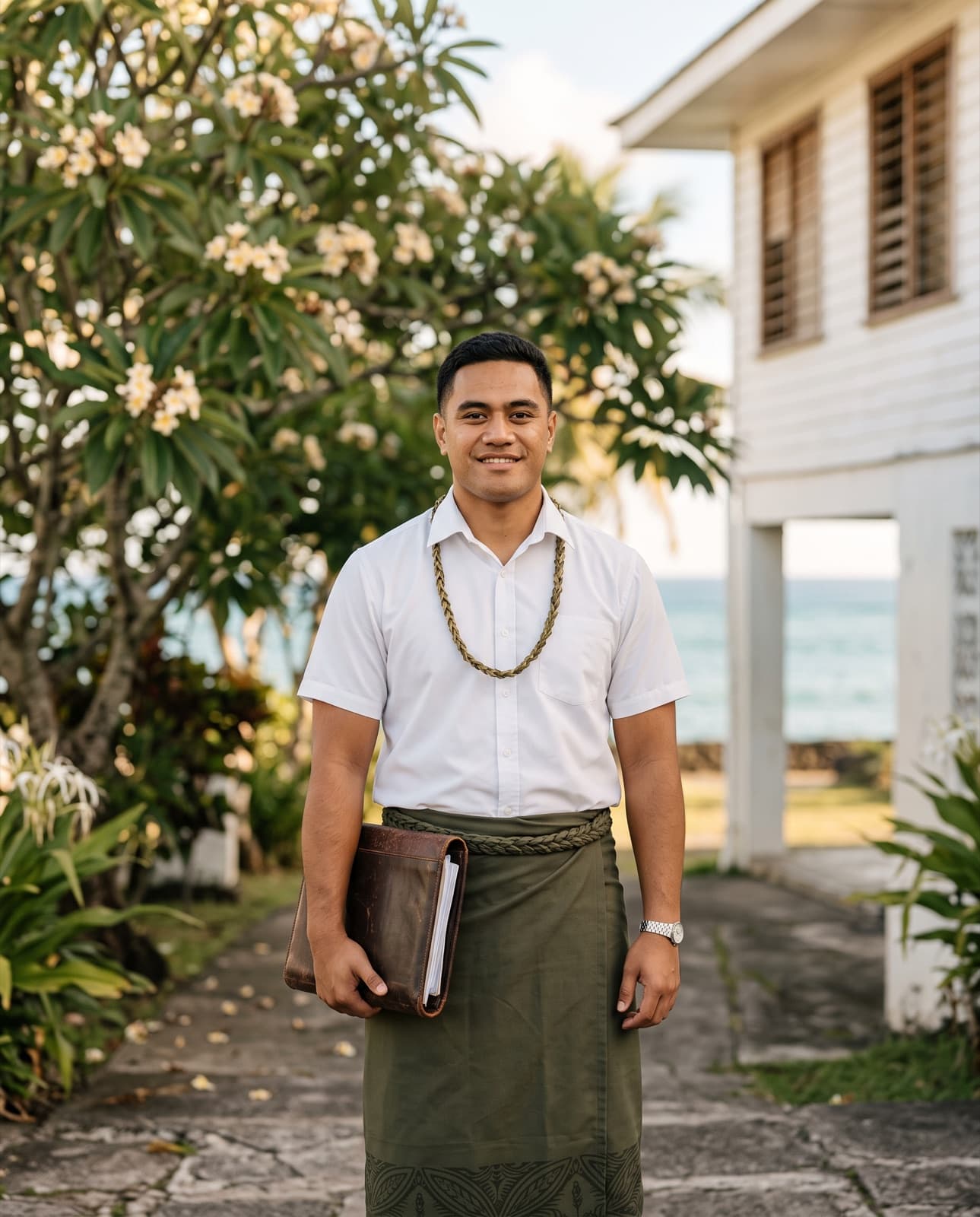 Graduate in Apia, Samoa, holding a portfolio and smiling