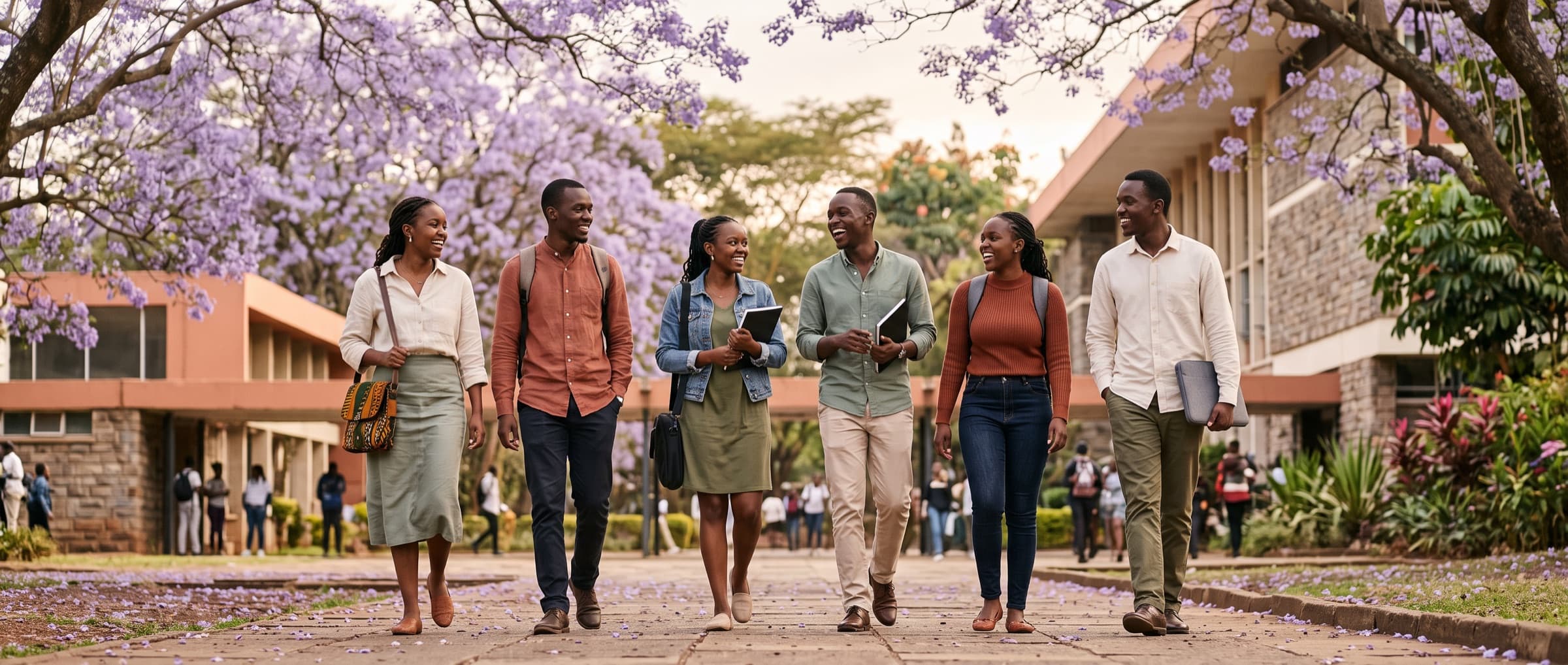 Bridgewell cohort walking together under jacaranda trees on a campus in Nairobi